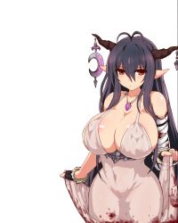 Rule 34 | 10s, 1girl, ahoge, areola slip, bandages, black hair, blood, blood on clothes, bloody bandages, bloody clothes, bloody dress, blush, breasts, brown eyes, cleavage, clothes lift, covered erect nipples, covered navel, danua, draph, dress, dress lift, female pubic hair, fingerless gloves, gloves, granblue fantasy, highres, horn ornament, horns, hu sea, huge breasts, jewelry, large breasts, long hair, looking at viewer, necklace, pointy ears, pubic hair, pussy, see-through, simple background, solo, uncensored, very long hair, white background, white dress