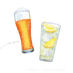 alcohol artist_name beer commentary_request cup drink drinking_glass food food_focus fruit inaco lemon lemon_slice no_humans original painting_(medium) signature simple_background still_life traditional_media watercolor_(medium) white_background