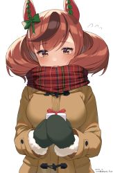 Rule 34 | 1girl, black mittens, blush, bow, box, breasts, brown coat, brown eyes, brown hair, coat, commentary, dated, ear bow, flying sweatdrops, fur-trimmed mittens, fur trim, gift, gift box, green bow, highres, hirota fruit, holding, holding gift, long sleeves, medium breasts, mittens, multicolored hair, nice nature (umamusume), open mouth, plaid, plaid scarf, red scarf, scarf, simple background, solo, streaked hair, twintails, twitter username, umamusume, upper body, wavy mouth, white background