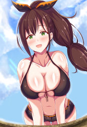 Rule 34 | 1girl, :d, absurdres, arm support, ayannon yumme, bare shoulders, belt, bikini, bikini top only, black shorts, blue sky, blush, breasts, brown hair, cleavage, cloud, collarbone, commentary, cowboy shot, day, extra pupils, front-tie bikini top, front-tie top, green eyes, hair between eyes, hair ornament, hair ribbon, high ponytail, highres, large breasts, long hair, looking at viewer, multi-tied hair, navel, open mouth, orange belt, ponytail, re:zero kara hajimeru isekai seikatsu, ribbon, shaula (re:zero), short shorts, shorts, sidelocks, sky, smile, solo, star (symbol), star hair ornament, stomach, swimsuit, teeth, thigh gap, upper teeth only