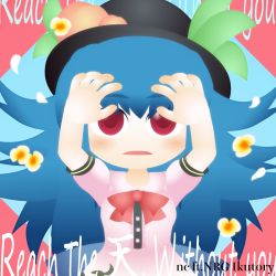 Rule 34 | blue hair, bow, bowtie, food, fruit, hands up, hat, highres, hinanawi tenshi, kouki ht, lying, peach, red eyes, touhou