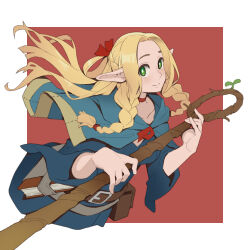 Rule 34 | 1girl, blonde hair, blue capelet, blue robe, braid, cape, capelet, dungeon meshi, elf, green eyes, hair around ear, holding, holding staff, hood, hooded capelet, marcille donato, pointy ears, robe, sinnra art, staff