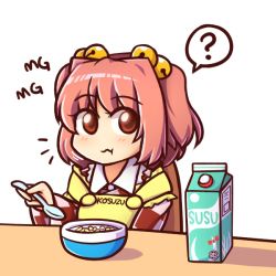 Rule 34 | 1girl, :t, ?, apron, bell, bowl, breakfast, cereal, chair, character name, checkered clothes, checkered kimono, clothes writing, eating, hair bell, hair ornament, japanese clothes, kimono, looking at viewer, mg mg, milk carton, motoori kosuzu, pun, red eyes, red hair, short hair, simple background, solo, spoken question mark, spoon, table, touhou, white background, wool (miwol)