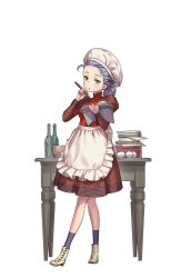 Rule 34 | 1girl, apron, blue socks, book, book stack, bottle, bowl, chef hat, egg, full body, green eyes, hand up, hat, highres, holding, holding book, looking at viewer, maid apron, nikki quinnell, official art, open book, pen, princess principal, princess principal game of mission, puffy sleeves, purple hair, red skirt, shoes, skirt, socks, standing, table, transparent background, white footwear