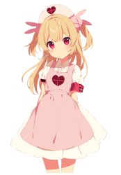Rule 34 | 1girl, apron, blonde hair, blush, center frills, cowboy shot, frills, hair ornament, hat, head tilt, heart, heart print, highres, long hair, mamyouda, natori sana, nurse cap, pink apron, pink hat, pout, print apron, puffy short sleeves, puffy sleeves, rabbit hair ornament, red eyes, sana channel, short sleeves, sidelocks, signature, simple background, solo, two side up, virtual youtuber, white background