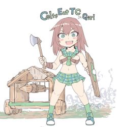Rule 34 | 1girl, age of empires ii, axe, battering ram, breast strap, brown hair, commentary request, green eyes, green neckerchief, green sailor collar, green skirt, green socks, holding, holding axe, holding shield, medium hair, midriff, miniskirt, navel, neckerchief, open mouth, plaid, plaid skirt, sailor collar, shield, shoes, silver bell, skirt, smile, sneakers, socks, solo, teeth, upper teeth only, woad raider (age of empires ii)
