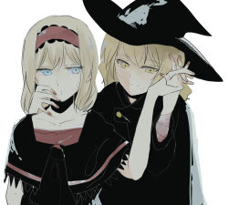 Rule 34 | 2girls, alice margatroid, alternate costume, bad id, bad pixiv id, bandages, blonde hair, blue eyes, bow, cape, capelet, expressionless, hair bow, holding hands, hand on own cheek, hand on own face, hat, interlocked fingers, kirisame marisa, long hair, menbou (nonnontako), multiple girls, short hair, smile, touching another&#039;s chin, touhou, white background, witch hat, yellow eyes