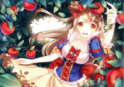 Rule 34 | 1girl, :d, apple, blush, bow, breasts, brown hair, bustier, cleavage, cosplay, cross-laced clothes, disney, eyebrows, food, frills, fruit, hair bow, kan (rainconan), lace, long hair, love live!, love live! school idol project, minami kotori, open mouth, puffy short sleeves, puffy sleeves, red bow, short sleeves, side ponytail, smile, snow white, snow white (cosplay), snow white (disney), snow white and the seven dwarfs, solo, swept bangs, teeth, underbust, upper body, yellow bow, yellow eyes