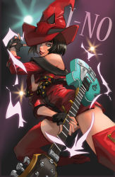 Rule 34 | 1girl, bare shoulders, black hair, breasts, fingerless gloves, gloves, guilty gear, hat, i-no, large breasts, mole, short hair, sideboob, solo, thigh boots, thighhighs, witch hat