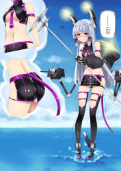 Rule 34 | 10s, 1girl, alternate costume, blush, cloud, day, embarrassed, hiememiko, kantai collection, long hair, murakumo (kancolle), necktie, personification, purple necktie, revealing clothes, silver hair, sky, thighhighs, translation request
