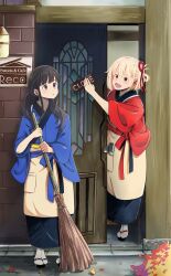Rule 34 | 2girls, :o, absurdres, autumn, black hair, blonde hair, blue kimono, blush, chai haru, closed sign, commentary request, door, full body, hair ribbon, highres, inoue takina, japanese clothes, kimono, light particles, long hair, looking at another, low twintails, lycoris recoil, multiple girls, nishikigi chisato, official alternate costume, official alternate hairstyle, open mouth, outdoors, purple eyes, red eyes, red kimono, red ribbon, ribbon, sandals, sash, short hair, sidelocks, smile, socks, teeth, twintails, upper teeth only, white socks, wide sleeves, zouri