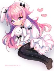 Rule 34 | 1girl, animal ears, black bow, black thighhighs, blush, bow, closed mouth, commentary request, dress, full body, hair between eyes, hair bow, heart, highres, juliet sleeves, kohaku muro, long hair, long sleeves, looking at viewer, lying, no shoes, on side, original, pink hair, pleated dress, puffy sleeves, purple eyes, rabbit ears, sidelocks, solo, stuffed animal, stuffed rabbit, stuffed toy, thighhighs, twitter username, two side up, v arms, very long hair, white background, white dress