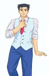 Rule 34 | 1boy, ace attorney, adjusting clothes, adjusting necktie, black eyes, black hair, blue background, blue pants, blue vest, buttons, closed mouth, collared shirt, forehead, godzillapigeon1, happy, highres, leaning, looking at viewer, male focus, matching hair/eyes, necktie, pants, phoenix wright, pocket, red necktie, shirt, short hair, simple background, sleeves rolled up, smile, solo, spiked hair, standing, v-shaped eyebrows, vest, white shirt