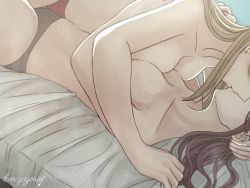 Rule 34 | 2girls, bed, black panties, blonde hair, breast press, breasts, brown hair, collarbone, commentary request, ear piercing, earrings, girl on top, hoshizora no shita, jewelry, kiss, large breasts, long hair, lying, multiple girls, nail polish, on back, on bed, original, panties, partial commentary, piercing, red nails, red panties, signature, symmetrical docking, topless, underwear, yuri