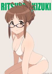 Rule 34 | 1girl, akizuki ritsuko, antenna hair, bare shoulders, bikini, black-framed eyewear, blush, bow, breasts, brown eyes, brown hair, character name, cleavage, collarbone, dated, folded ponytail, glasses, green ribbon, hair bow, hair ribbon, idolmaster, idolmaster (classic), idolmaster million live!, idolmaster million live! theater days, invisible chair, large breasts, light brown background, looking at viewer, nanakura nanane, parted lips, ribbon, short hair, signature, simple background, sitting, solo, sweatdrop, swimsuit, white bikini