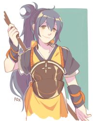 Rule 34 | 1girl, armor, arms up, artist name, blue hair, breastplate, commentary, fire emblem, fire emblem fates, foxkunkun, holding, japanese clothes, long hair, naginata, nintendo, oboro (fire emblem), polearm, ponytail, simple background, smile, solo, weapon, yellow eyes