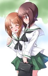 Rule 34 | 10s, 2girls, ^ ^, alternate costume, bag, black neckerchief, blouse, blush, briefcase, closed eyes, closed mouth, commentary request, facing viewer, girls und panzer, green skirt, holding, kuzuryuu kennosuke, laughing, long sleeves, looking at another, miniskirt, multiple girls, neckerchief, nishizumi maho, nishizumi miho, ooarai school uniform, pleated skirt, school bag, school briefcase, school uniform, serafuku, shirt, short hair, siblings, sisters, sketch, skirt, smile, standing, white shirt