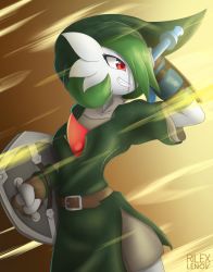 Rule 34 | arm up, artist name, belt, breasts, brown background, brown gloves, clenched teeth, cosplay, cowboy shot, creatures (company), fingerless gloves, game freak, gardevoir, gen 3 pokemon, gloves, gradient background, green hair, green headwear, green tunic, hair over one eye, hand up, hat, holding, holding shield, holding sword, holding weapon, link, link (cosplay), nintendo, pokemon, red eyes, rilex lenov, shield, short hair, short sleeves, simple background, small breasts, smile, standing, sword, teeth, the legend of zelda, tunic, vambraces, watermark, weapon
