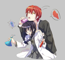Rule 34 | !, 10s, 1boy, 1girl, :o, akabane karma, ansatsu kyoushitsu, bendy straw, black hair, black jacket, black necktie, blazer, braid, buttons, cat princess, chin rest, coat, collared shirt, cropped torso, dress shirt, drinking straw, eyebrows, flask, glasses, grey background, grey jacket, grey pants, grey skirt, hair between eyes, hair tie, hand on another&#039;s shoulder, head on head, head rest, height difference, holding, jacket, juice box, lab coat, leaning forward, leaning on person, long hair, long sleeves, looking down, motion lines, necktie, okuda manami, open clothes, open coat, open mouth, pants, pleated skirt, pocket, purple eyes, red hair, school uniform, shirt, simple background, skirt, speech bubble, spill, spoken exclamation mark, surprised, test tube, twin braids, twintails, twitter username, unbuttoned, unbuttoned shirt, white shirt, yellow eyes