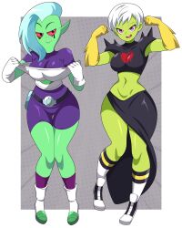 Rule 34 | 2girls, :&gt;, absurdres, abysswatchers, aqua hair, armor, bare legs, belly, bodysuit, breastplate, breasts, cheelai, cheelai (cosplay), clenched hands, color connection, colored sclera, colored skin, cosplay, costume switch, crop top, crossover, curvy, dragon ball, dragon ball super, eyebrows, freckles, full body, gloves, green skin, head tilt, heart, heart (symbol), heart print, highres, large breasts, long skirt, lord dominator, lord dominator (cosplay), multiple girls, navel, open mouth, pauldrons, pelvic curtain, pink eyes, pink sclera, pointy ears, purple bodysuit, short hair, shoulder armor, simple background, skirt, smile, solo, stomach, teeth, wander over yonder, white gloves, white hair, wide hips, yellow gloves