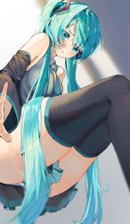 Rule 34 | 1girl, aqua eyes, aqua hair, aqua necktie, aqua panties, black thighhighs, blush, breasts, collared shirt, commentary, detached sleeves, eyes visible through hair, from below, grey background, grey shirt, grey skirt, hair between eyes, hatsune miku, highres, invisible chair, legs together, long hair, looking at viewer, medium breasts, miniskirt, necktie, open mouth, panties, panty peek, pleated skirt, shirt, simple background, sitting, skirt, solo, striped clothes, striped panties, thighhighs, thighs, twintails, two-tone panties, underwear, vocaloid, warayanuko, white panties, wide sleeves, wing collar