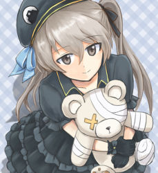Rule 34 | 10s, 1girl, arm grab, bandages, beret, black dress, black gloves, black hat, black ribbon, boko (girls und panzer), brown eyes, closed mouth, collared dress, commentary request, dress, emblem, frilled dress, frills, from above, girls und panzer, gloves, grey background, hair ribbon, hat, holding, holding stuffed toy, japanese tankery league (emblem), layered dress, light brown hair, light smile, long dress, long hair, looking at viewer, looking up, mutsu (layergreen), plaid, plaid background, puffy short sleeves, puffy sleeves, ribbon, shadow, shimada arisu, short sleeves, side ponytail, solo, standing, stuffed animal, stuffed toy, teddy bear