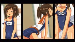 Rule 34 | 10s, 1girl, animated, animated gif, ass, bad id, bad nicoseiga id, blush, bouncing breasts, breasts, brown eyes, brown hair, cleavage, crotch rub, dutch angle, closed eyes, hangaku, heart, heart-shaped pupils, i-401 (kancolle), implied sex, kantai collection, name tag, one-piece swimsuit, open mouth, ponytail, profile, school swimsuit, sexually suggestive, small breasts, strap slip, swimsuit, symbol-shaped pupils, torpedo, wet