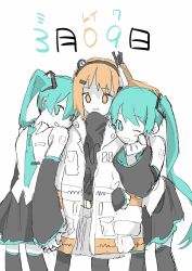Rule 34 | 3girls, a.i. voice, adachi rei, aqua eyes, aqua hair, aqua necktie, arm hug, black leggings, black shirt, black skirt, black thighhighs, clone, collared shirt, commentary, detached sleeves, feet out of frame, girl sandwich, gloves, grey skirt, hair ornament, hair ribbon, hatsune miku, head on another&#039;s shoulder, headlamp, highres, holding hands, jacket, leggings, long hair, looking at viewer, migo butter, miku day, multiple girls, necktie, number tattoo, one eye closed, open clothes, open jacket, open mouth, orange eyes, orange hair, partially colored, pleated skirt, pun, radio antenna, ribbon, sandwiched, shirt, side ponytail, sketch, skirt, sleeveless, sleeveless shirt, smile, standing, tattoo, thighhighs, translated, turtleneck, twintails, utau, vocaloid, white gloves, white ribbon