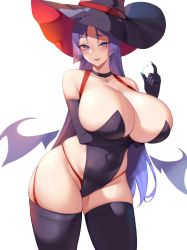 Rule 34 | 1girl, arm under breasts, bad id, bad twitter id, bare shoulders, breasts, choker, collarbone, commentary, covered navel, elbow gloves, fate/grand order, fate (series), gloves, groin, hat, highleg, highleg leotard, highres, huge breasts, kuavera, leaning to the side, leotard, long hair, looking at viewer, low wings, minamoto no raikou (fate), panties, parted bangs, parted lips, purple eyes, purple hair, raised eyebrows, red panties, seductive smile, simple background, skindentation, smile, solo, standing, strapless, strapless leotard, thick thighs, thighhighs, thighs, underwear, upper body, very long hair, white background, wings, witch hat