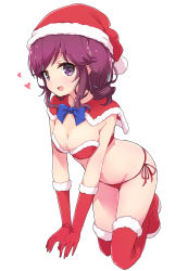 Rule 34 | 1girl, bikini, breasts, christmas, cleavage, full body, gloves, hat, heart, highres, machikado mazoku, medium breasts, mel (melty pot), navel, open mouth, pom pom (clothes), purple eyes, purple hair, red bikini, red footwear, red gloves, santa bikini, santa hat, short hair, simple background, smile, solo, swimsuit, thighhighs, white background, yoshida ryouko