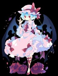 Rule 34 | 1girl, bat wings, black background, blue hair, bow, brooch, commentary request, dress, fingernails, flower, full body, hand up, hat, hat bow, highres, jewelry, leg ribbon, long fingernails, long sleeves, m/, mob cap, nail polish, nikorashi-ka, one-hour drawing challenge, petals, pink dress, pink hat, pointy ears, red bow, red eyes, red footwear, red nails, red neckwear, remilia scarlet, ribbon, rose, shoes, short hair, skirt hold, solo, thorns, touhou, wide sleeves, wings, wrist cuffs