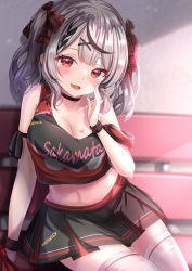 Rule 34 | 1girl, black hair, black skirt, blush, bow, braid, breasts, cleavage, crop top, grey hair, hair bow, hair ornament, hand up, highres, hololive, large breasts, looking at viewer, midriff, miniskirt, multicolored hair, navel, open mouth, plaid, plaid bow, pleated skirt, red bow, red eyes, sakamata chloe, skirt, solo, strap slip, streaked hair, sweat, two side up, virtual youtuber, white legwear, wristband, x hair ornament, yuano