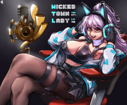 Rule 34 | 1girl, absurdres, adjusting headphones, animal ear headphones, animal ears, armpits, bare shoulders, belt, black bra, black gloves, black hair, bra, breasts, brown pantyhose, chair, chtv (tarreban), commentary, commission, crossed legs, detached collar, dungeon and fighter, english commentary, english text, fake animal ears, gloves, glowing, headphones, high ponytail, highres, jacket, light purple hair, long hair, looking at viewer, medium breasts, midriff, off shoulder, office chair, on chair, open clothes, open jacket, open mouth, orange eyes, pantyhose, pleated skirt, purple hair, sitting, skirt, solo, stats, swivel chair, teeth, thigh strap, thighs, underwear, upper teeth only, white jacket