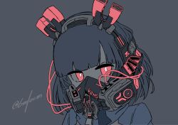 Rule 34 | 1girl, absurdres, blunt bangs, commentary request, copyright name, grey background, highres, jacket, jitomi monoe, looking at viewer, magnet, monochrome, red eyes, respirator, simple background, solo, twitter username, upper body, virtual youtuber, voms, yupiteru (6m10cm), zipper pull tab