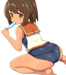 Rule 34 | 1girl, ass, bare shoulders, blush, brown eyes, brown hair, food, food in mouth, highres, i-401 (kancolle), kantai collection, kurokoshou (emuburemu123), looking at viewer, one-piece swimsuit, ponytail, popsicle, sexually suggestive, sitting, solo, swimsuit, swimsuit under clothes, tan, wariza
