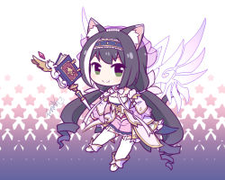 Rule 34 | &gt;:), 1girl, animal ear fluff, animal ears, bare shoulders, black hair, blue hairband, book, cat ears, cat girl, cat tail, chibi, closed mouth, commentary request, detached sleeves, detached wings, frilled skirt, frills, full body, green eyes, hairband, holding, holding staff, karyl (princess) (princess connect!), karyl (princess connect!), langbazi, long hair, long sleeves, looking at viewer, pink skirt, princess connect!, ringlets, skirt, smile, solo, split mouth, staff, star (symbol), starry background, strapless, tail, twintails, v-shaped eyebrows, very long hair, white background, white sleeves, wide sleeves, wings
