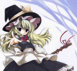 Rule 34 | 1girl, apron, blonde hair, bow, braid, broom, broom ribbon, grey eyes, hair bun, hat, hat bow, kirisame marisa, long hair, long sleeves, looking at viewer, outstretched arm, outstretched hand, shirt, single braid, single hair bun, skirt, skirt set, solo, touhou, very long hair, vest, waist apron, witch hat, yutamitan