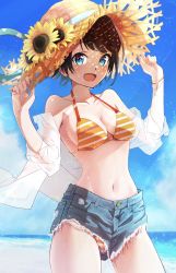 Rule 34 | 1girl, 5to rai, :d, alternate costume, beach, bikini, bikini under clothes, blue eyes, blue shorts, blue sky, blush, breasts, brown hair, cleavage, cloud, cloudy sky, commentary, cowboy shot, day, denim, denim shorts, eyebrows hidden by hair, hands on headwear, hat, highres, hololive, lens flare, light particles, light rays, looking at viewer, medium breasts, navel, ocean, off shoulder, oozora subaru, oozora subaru (hololive summer 2019), open clothes, open mouth, open shirt, orange bikini, outdoors, see-through, see-through shirt, shirt, short hair, short shorts, shorts, skindentation, sky, smile, solo, stomach, straw hat, striped bikini, striped clothes, sunlight, sweat, swimsuit, virtual youtuber, white shirt, wristband