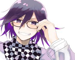 Rule 34 | 1boy, bespectacled, checkered clothes, checkered neckwear, checkered scarf, colored inner hair, danganronpa (series), danganronpa v3: killing harmony, glasses, grey background, grin, hair between eyes, hand up, highres, male focus, multicolored hair, oma kokichi, purple eyes, purple hair, scarf, sharp teeth, simple background, smile, solo, sumika (rrz03), teeth