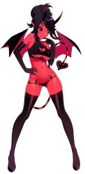 Rule 34 | black gloves, black hair, black panties, black sclera, black thighhighs, blush, breasts, bright pupils, cleavage, cleavage cutout, clothing cutout, colored sclera, colored skin, commission, demon girl, demon horns, demon tail, demon wings, elbow gloves, finger to mouth, full body, gloves, hair up, halphelt, hand on own hip, heart, heart cutout, heterochromia, highres, horns, large breasts, legs apart, o-ring, o-ring bottom, original, panties, pointy ears, red skin, simple background, solo, standing, stomach, striped tail, tail, thighhighs, tongue, tongue out, underboob, underboob cutout, underwear, white background, wings