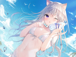 Rule 34 | 1girl, ;o, animal ears, bare arms, bare shoulders, bikini, bird, blue sky, blush, bottle, breasts, cat ears, cat girl, cat tail, cloud, collarbone, day, dutch angle, front-tie bikini top, front-tie top, grey hair, halterneck, hands up, highres, holding, long hair, looking at viewer, mafuyu (chibi21), navel, non-web source, ocean, one eye closed, open mouth, original, outdoors, purple eyes, seagull, side-tie bikini bottom, sky, small breasts, solo, string bikini, sunlight, swimsuit, tail, tail raised, upper body, water, water bottle, water drop, white bikini