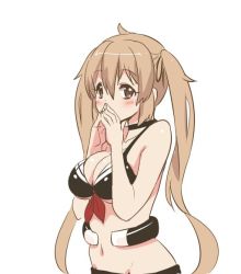 Rule 34 | 10s, 1girl, ahoge, bare shoulders, bikini, bikini top only, black bikini, black ribbon, blush, breasts, brown eyes, covering own mouth, hair ribbon, kantai collection, large breasts, light brown hair, long hair, looking at viewer, murasame (kancolle), navel, ribbon, simple background, solo, swimsuit, tamu (mad works), twintails, white background