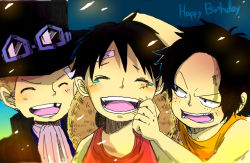 Rule 34 | 3boys, bandages, birthday, black hair, blonde hair, brothers, ascot, family, freckles, goggles, goggles on headwear, hat, male focus, missing tooth, monkey d. luffy, multiple boys, one piece, open mouth, portgas d. ace, sabo (one piece), siblings, stampede string, straw hat, tank top, top hat, aged down
