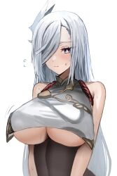 Rule 34 | 1girl, bare shoulders, blue eyes, breasts, commentary request, genshin impact, hair ornament, hair over one eye, highres, horn/wood, large breasts, long hair, looking at viewer, shenhe (genshin impact), sleeveless, solo, underboob, upper body, very long hair, white hair