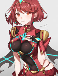 Rule 34 | 1girl, blush, breasts, chest jewel, earrings, fingerless gloves, gloves, highres, jewelry, large breasts, looking at viewer, peach11 01, pyra (xenoblade), red eyes, red hair, short hair, short shorts, shorts, skindentation, smile, solo, swept bangs, tiara, xenoblade chronicles (series), xenoblade chronicles 2