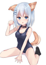 Rule 34 | 1girl, absurdres, animal ears, bare arms, bare shoulders, belt buckle, belt collar, black socks, blue eyes, blue hair, blue one-piece swimsuit, breasts, brown collar, buckle, collar, collarbone, commentary, date a live, dog ears, dog girl, dog tail, hair between eyes, hair ornament, hairclip, hand up, highres, long hair, medium breasts, natsu (sinker8c), no shoes, one-piece swimsuit, parted lips, paw pose, school swimsuit, shadow, sitting, socks, solo, swimsuit, symbol-only commentary, tail, tobiichi origami, wariza, white background