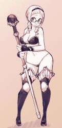 Rule 34 | 1girl, :d, bad id, bad pixiv id, boots, bra, braid, breasts, cleavage, fingerless gloves, gloves, hairband, highres, holding, holding scepter, lamb-oic029, looking at viewer, low twintails, medium breasts, monochrome, navel, open mouth, original, panties, scepter, semi-rimless eyewear, sepia, smile, solo, standing, thigh boots, thighhighs, twin braids, twintails, under-rim eyewear, underwear
