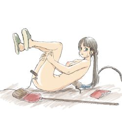 Rule 34 | 1girl, anal, anal object insertion, android, bad id, bad pixiv id, blush, book, breasts, broom, brown hair, cable, double penetration, full body, green eyes, kasuga (kasuga39), legs up, long hair, looking at viewer, looking to the side, medium breasts, multiple insertions, multiple penetration, nipples, nude, object insertion, on floor, ponytail, simple background, sketch, slippers, solo, sweatdrop, uncensored, usb, vaginal, vaginal object insertion, white background