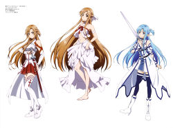 Rule 34 | 10s, 2girls, absurdres, armor, asuna (sao), asuna (sao-alo), barefoot, blue eyes, blue hair, blue thighhighs, brown eyes, brown hair, feet, high heels, highres, holding, holding sword, holding weapon, long hair, long legs, looking at viewer, multiple girls, navel, official art, pleated skirt, pointy ears, red skirt, scan, simple background, skirt, smile, sword, sword art online, tanabe kenji, thighhighs, thighs, titania (sao), v-shaped eyebrows, very long hair, weapon, white armor, white background, white thighhighs