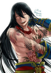 Rule 34 | 1boy, abs, artist name, black hair, chest tattoo, commentary request, closed eyes, fate/grand order, fate (series), hair between eyes, long hair, lr hijikata, male focus, muscular, ponytail, topless male, simple background, smile, tattoo, twitter username, upper body, white background, yan qing (fate)